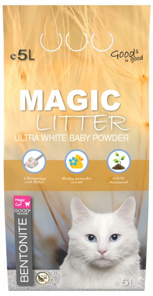 Magic Litter Bentonite Ultra White Bay Powder cementējošās smiltis kaķu tualetēm 5L