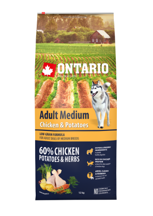 Ontario Dog Adult Medium Chicken & Potatoes barība vidējo šķirņu suņiem ar vistu 12kg