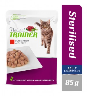 Natural Trainer Adult Sterilised with Beef konservi sterilizētiem kaķiem ar liellopu 85
