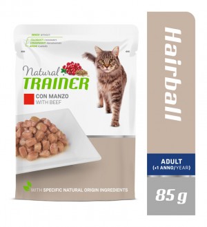 Natural Trainer Adult Hairball with Beef konservi kaķiem spalvu kamolu izvadīšanai ar liellopu 6 x 85g
