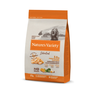 Natures Variety Selected Med/Max Adult Free Range chicken bezgraudu barība vidējo/lielo šķirņu suņiem ar vistu 12kg