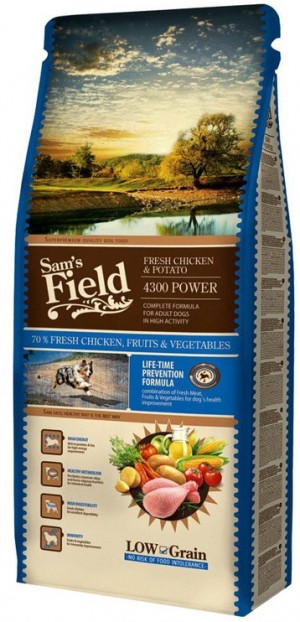Sams Field Chicken & Potato Adult 4300 POWER barība visu šķirņu suņiem ar paaugstinātu aktivitāti 13kg